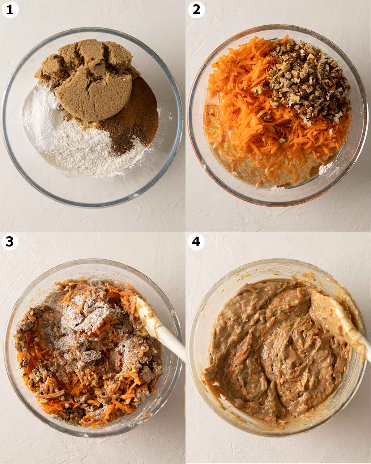 Four image collage showing how to prepare the muffin batter in one bowl.