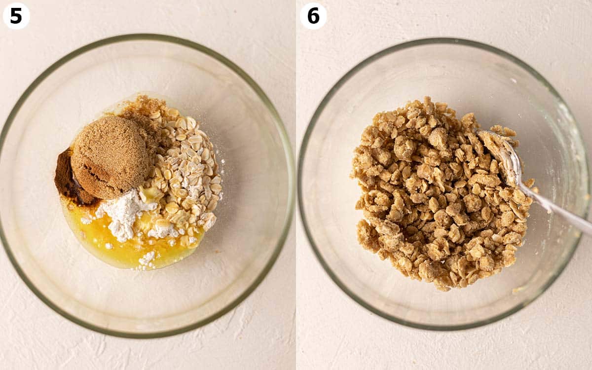 Two image collage showing how to prepare the crumb topping in one bowl.