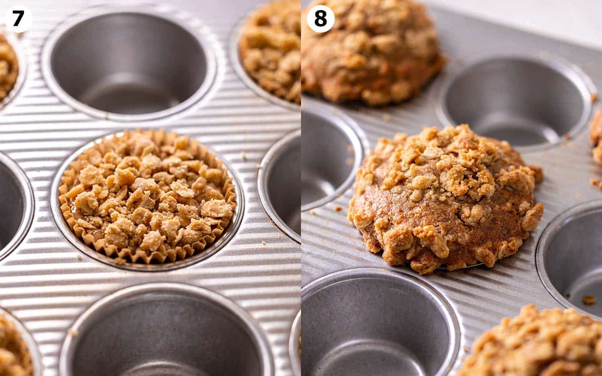 Two image collage of muffins in tray before and after baking.