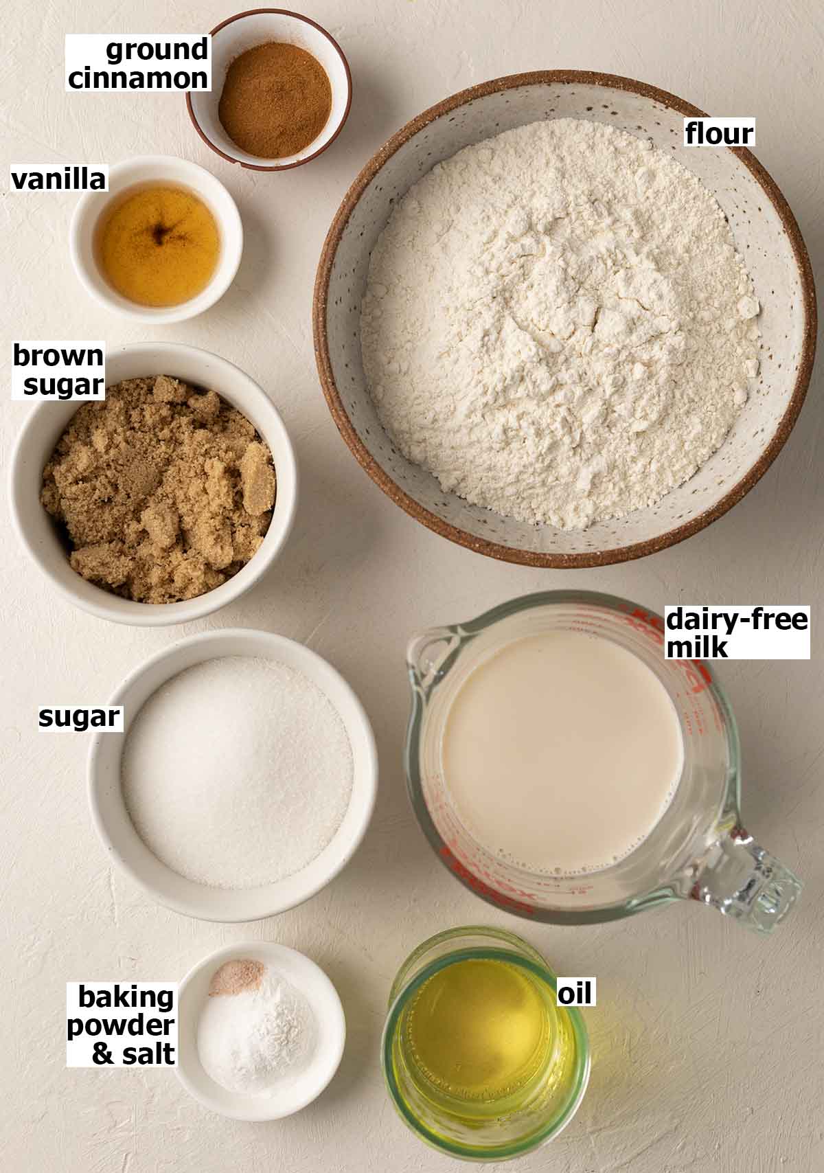 Flatlay of ingredients for cinnamon bread.