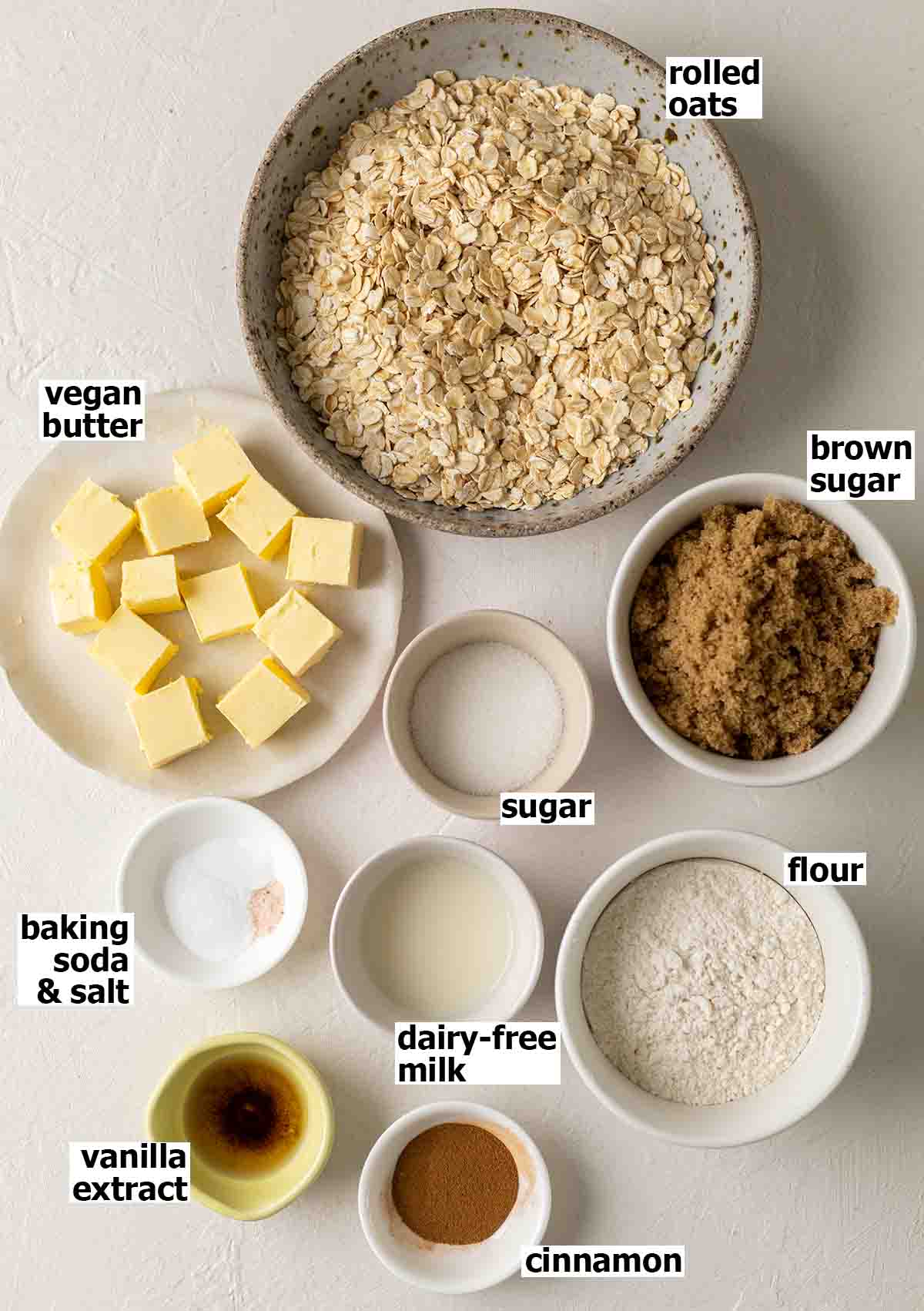 Flatlay of ingredients for oatmeal cookies.