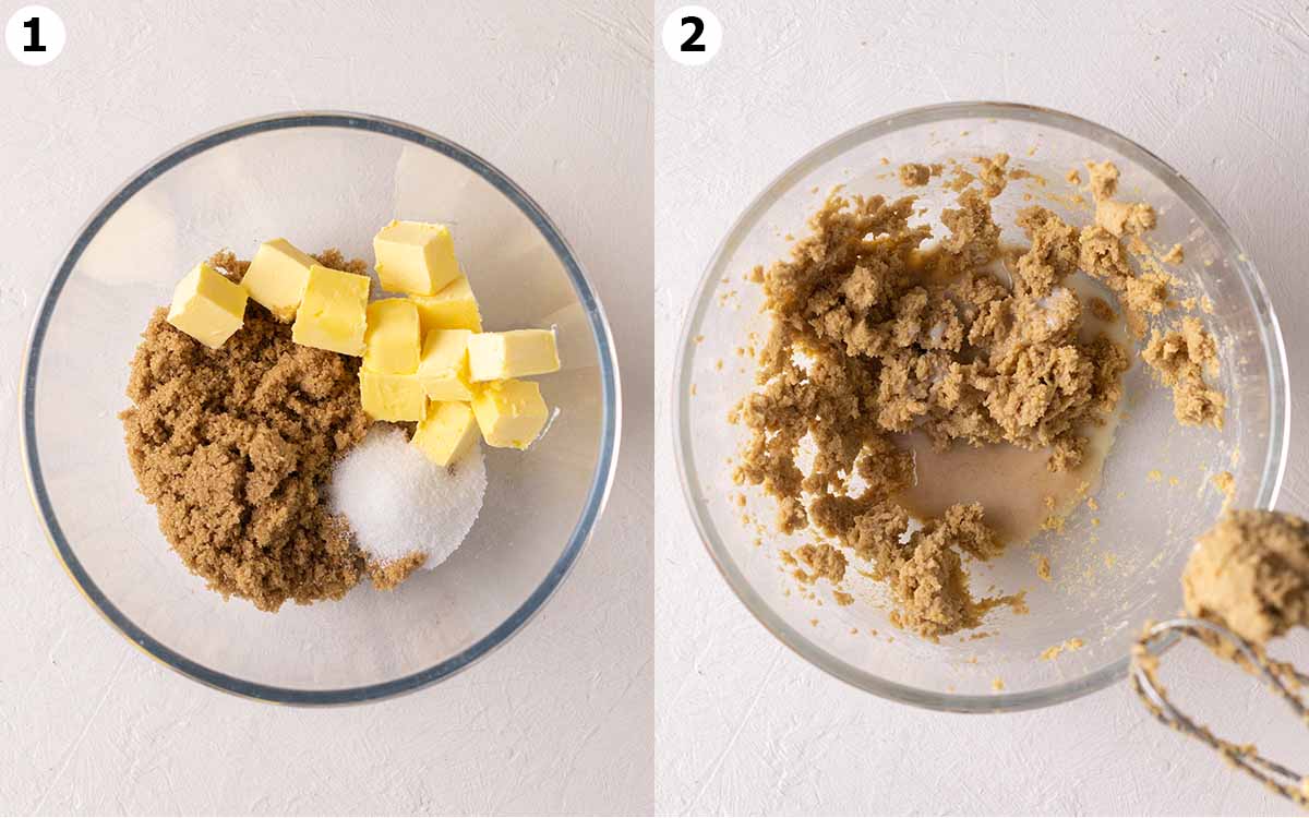 Two image collage showing how to mix the wet ingredients in a mixing bowl.