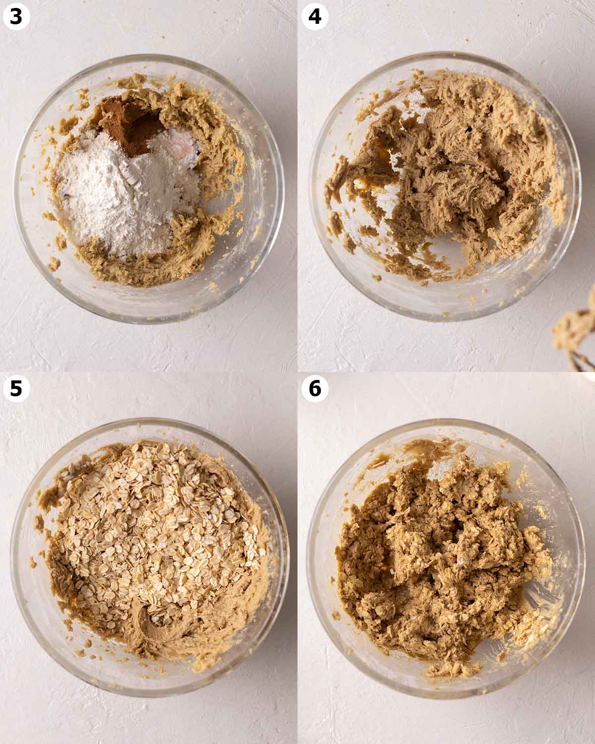 Four image collage showing how to make the rest of the oatmeal cookie batter.
