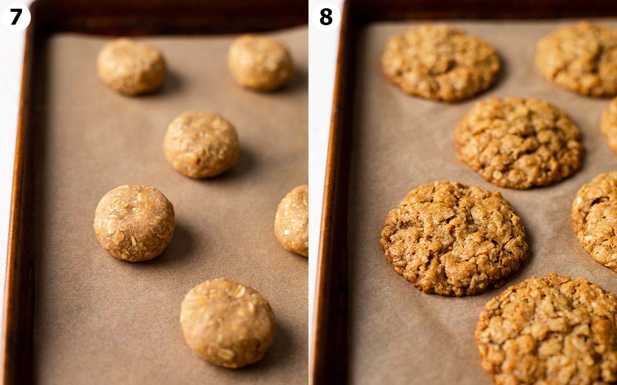 Two image collage showing before and after the oatmeal cookies are baked.