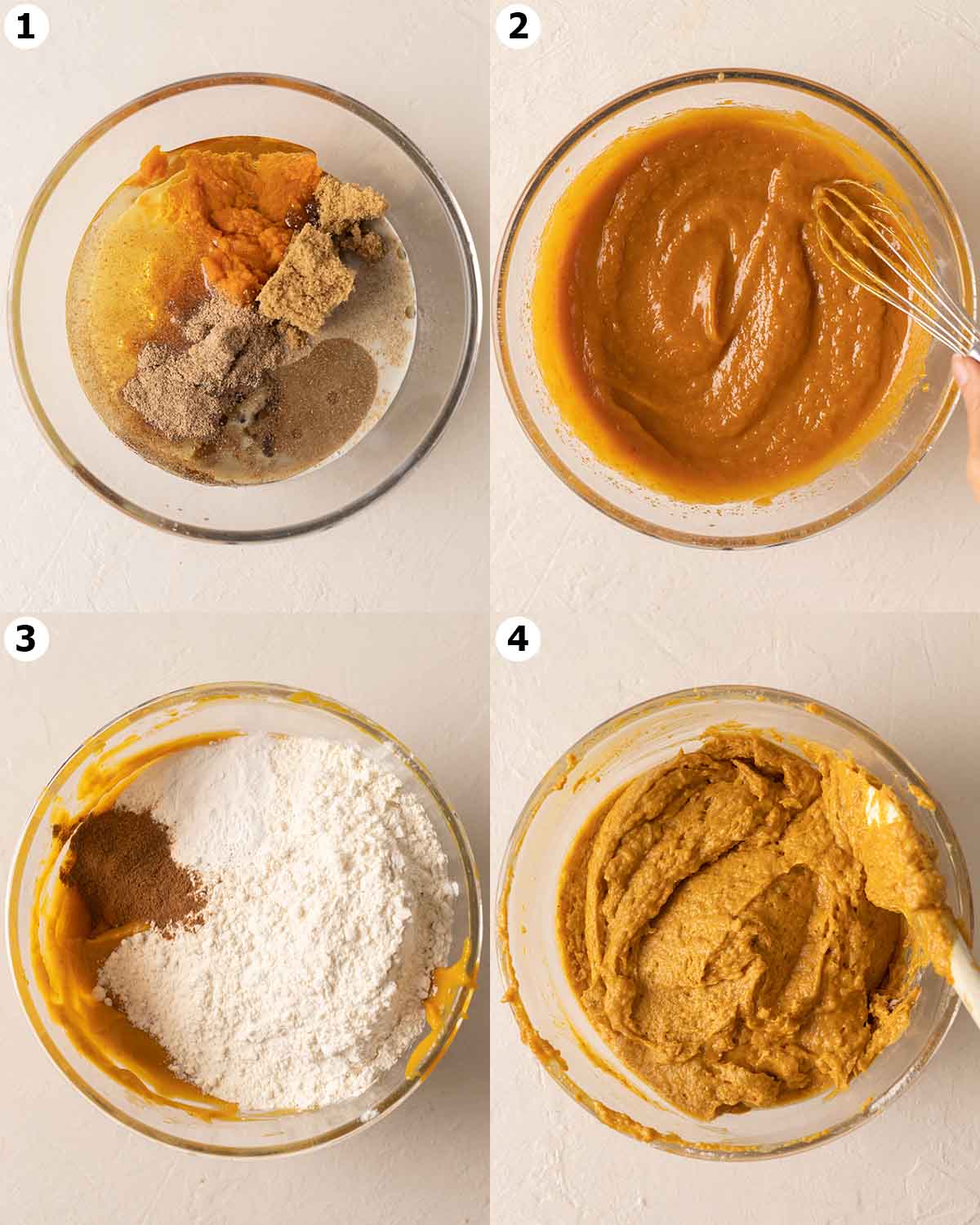 Four image collage showing how to make the batter in one bowl.