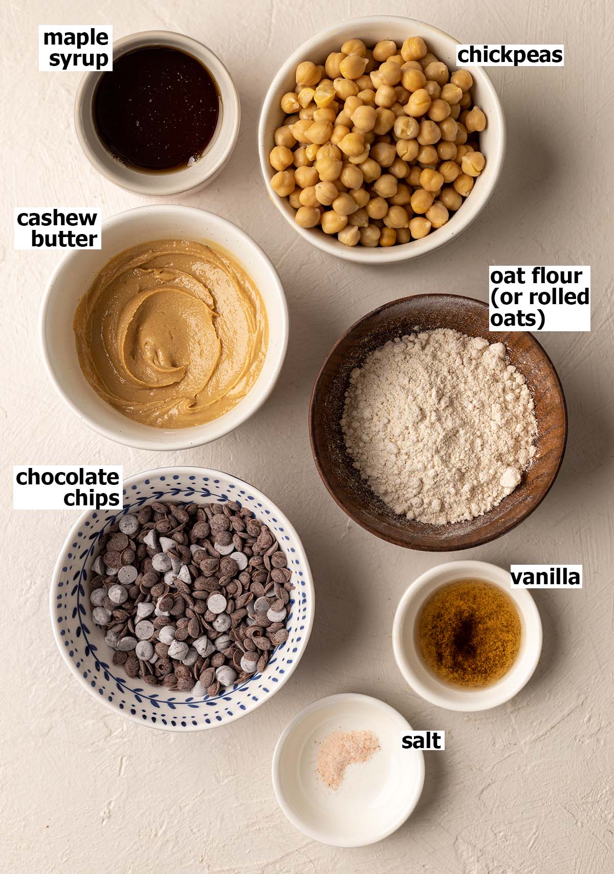 Flatlay of ingredients for chickpea cookie dough.
