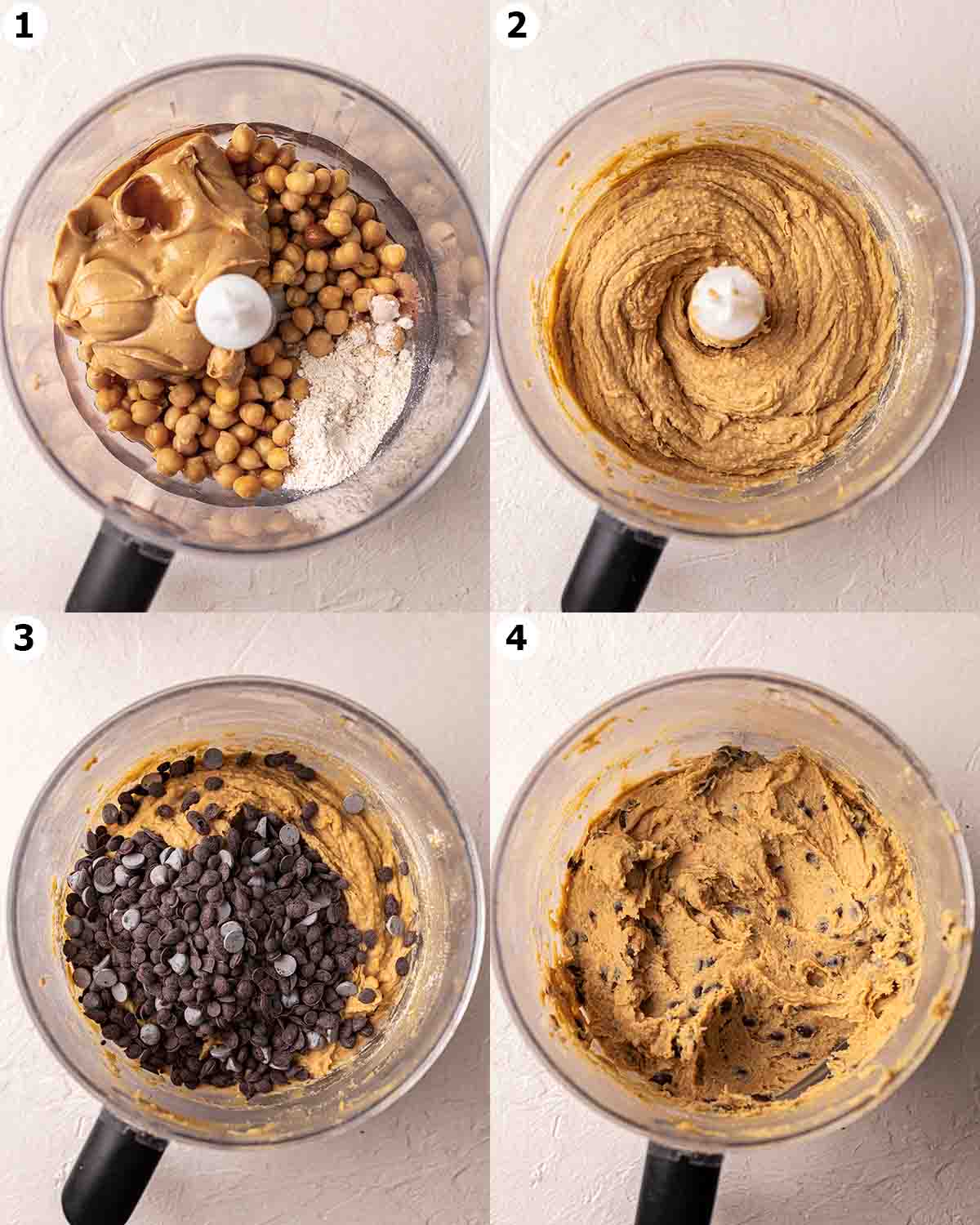 Four image collage showing how to make the cookie dough in a food processor.