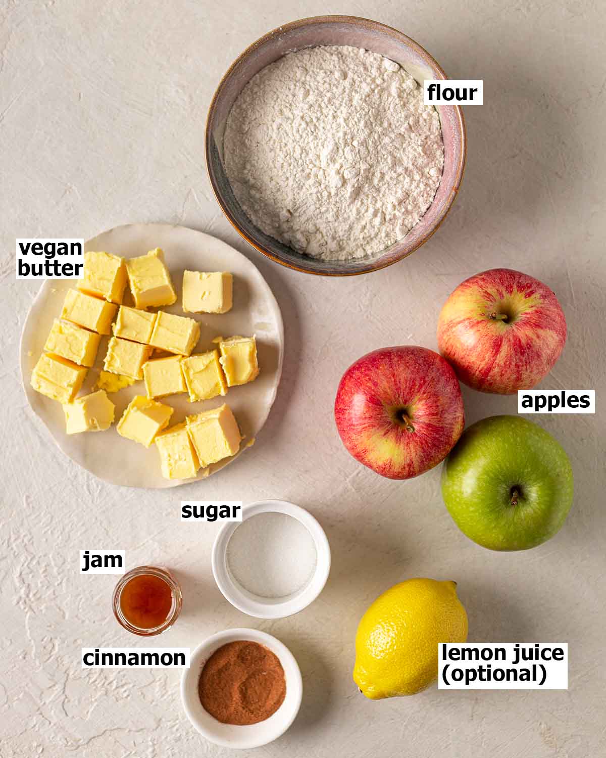 Flatlay of ingredients for apple tart.