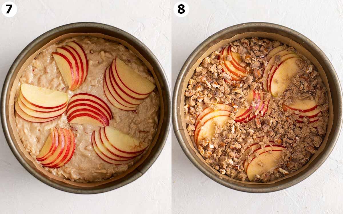 Two image collage showing how to decorate the top of the apple cake with sliced apple and crumb topping.