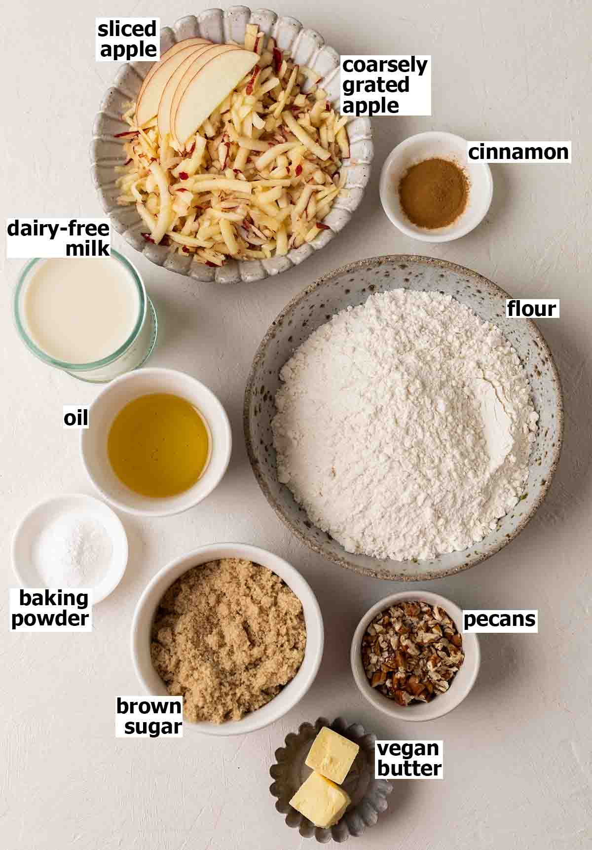 Flatlay of ingredients for apple crumble cake.