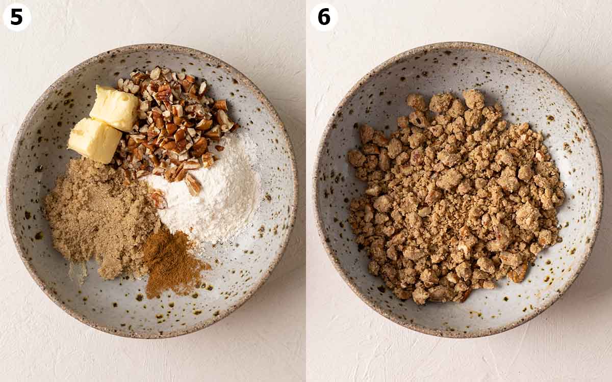 Two image collage showing how to make pecan crumble topping in a bowl.