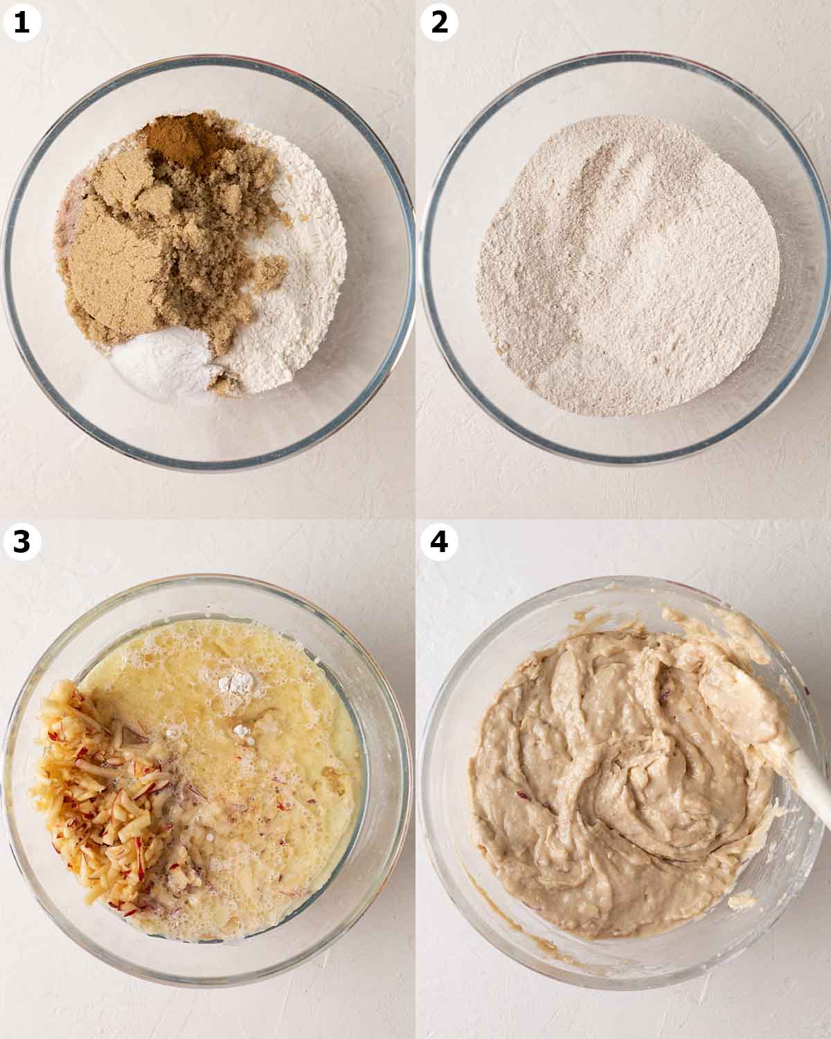 Four image collage showing how to make the batter for the apple cake. The batter is thick and textured.