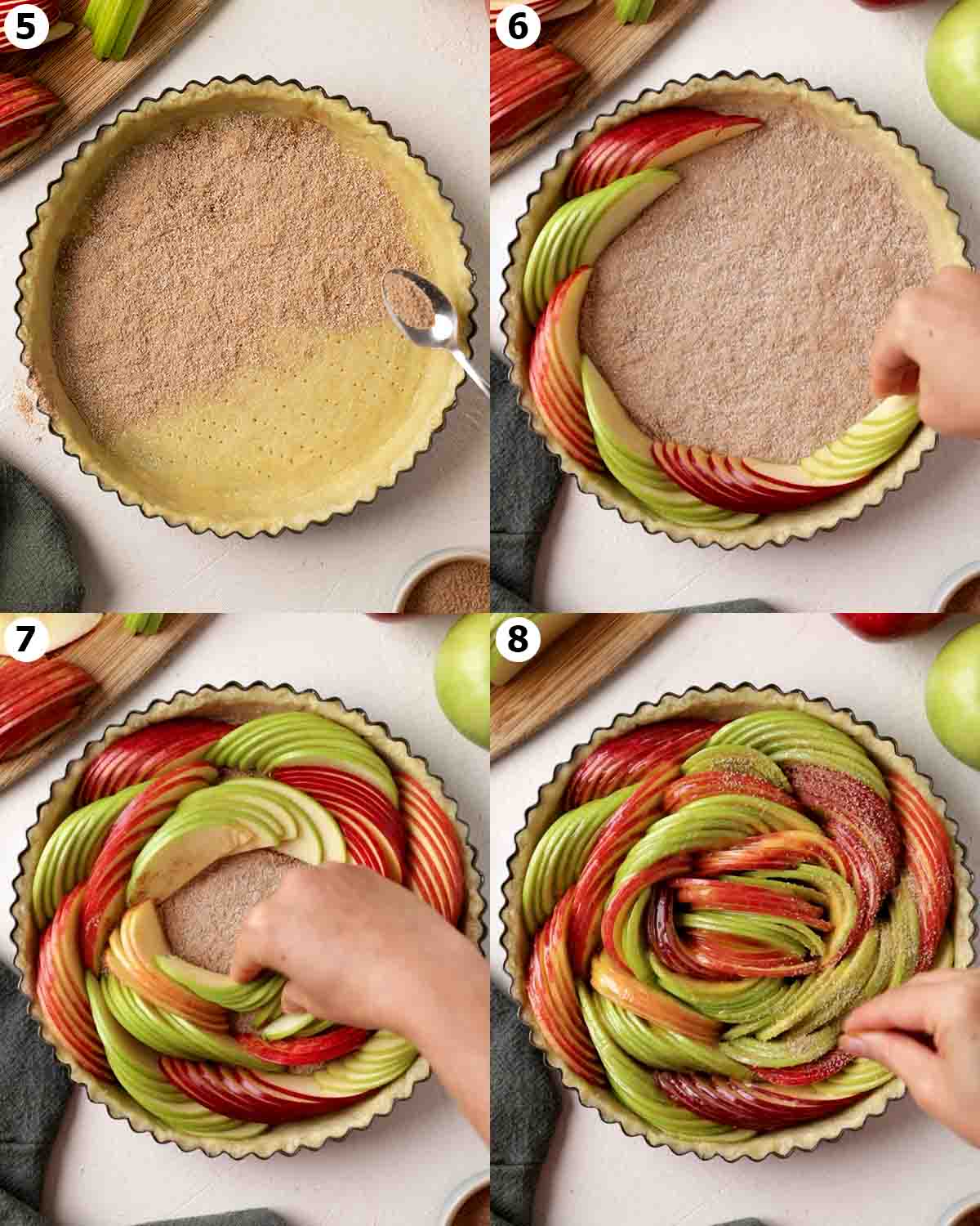 Four image collage showing how to assemble the apple tart.