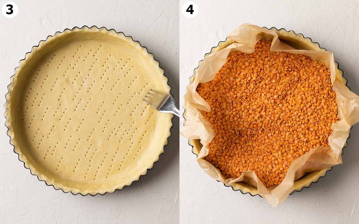 Two image collage showing tart crust pricked with a fork and filled with parchment paper and dried lentils for blind-baking.