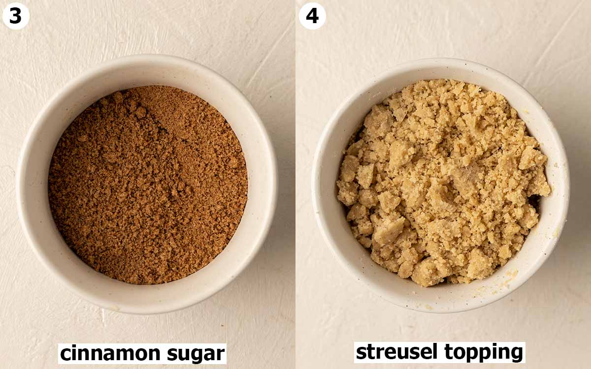 Two image collage of cinnamon sugar mixture and streusel topping mixture.