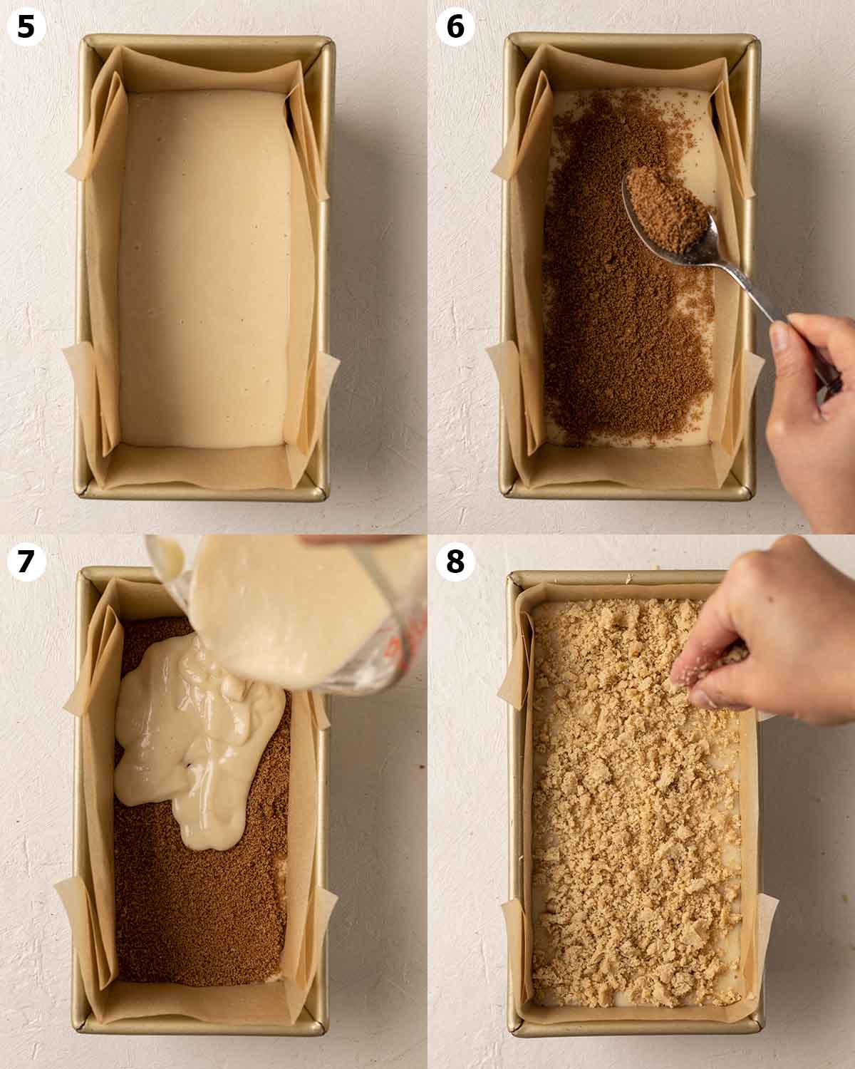 Four image collage showing how to layer the cinnamon bread.