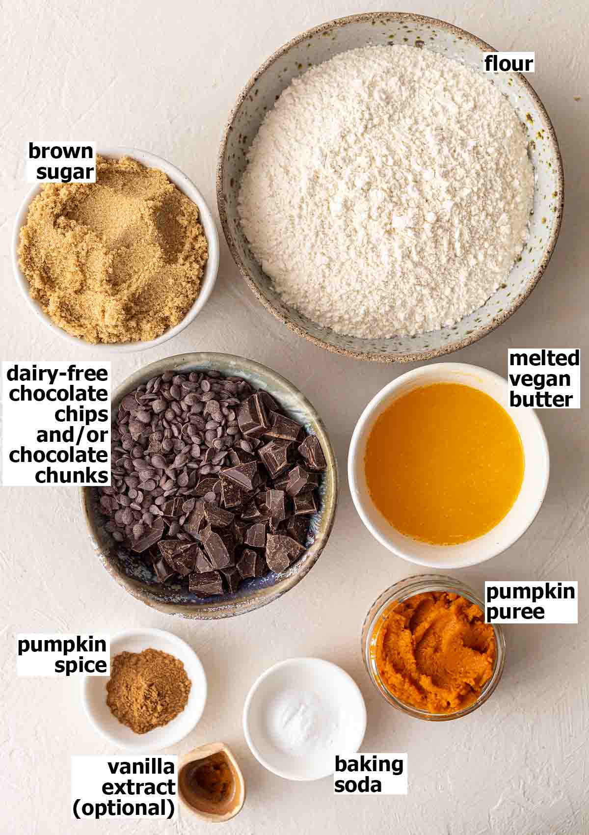 Flatlay of ingredients for the cookie recipe.
