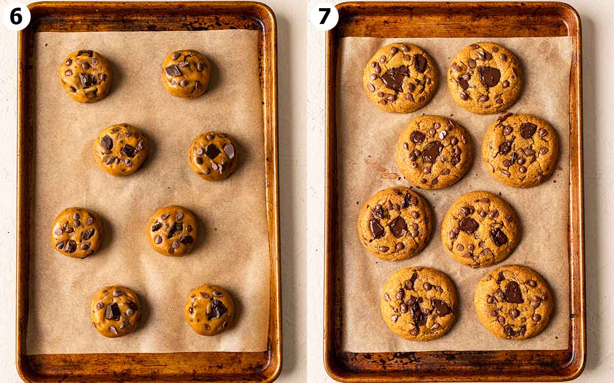 Two image collage showing before and after cookies are baked, on a baking tray.