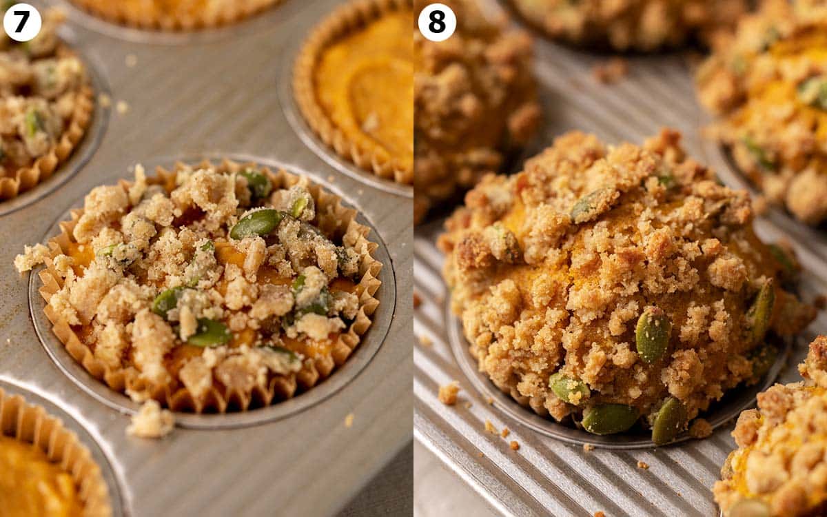 Two image collage before and after muffins are baked.