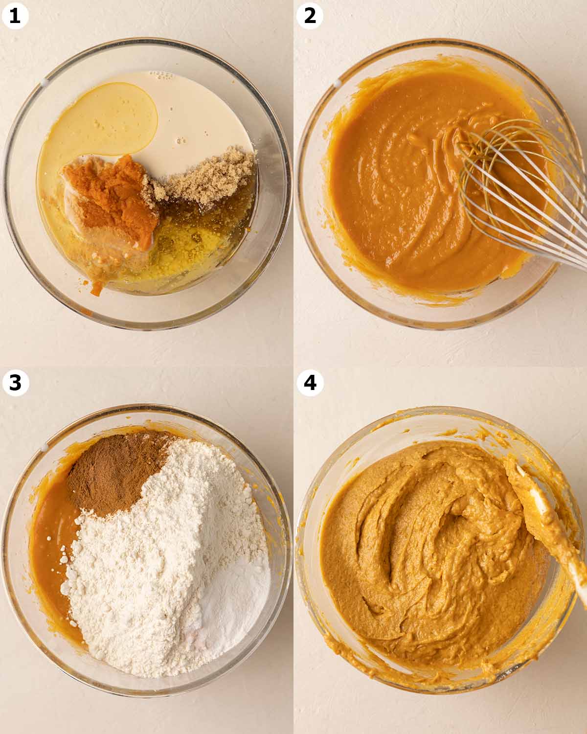 Four image collage of how to make the pumpkin muffin batter in one bowl.