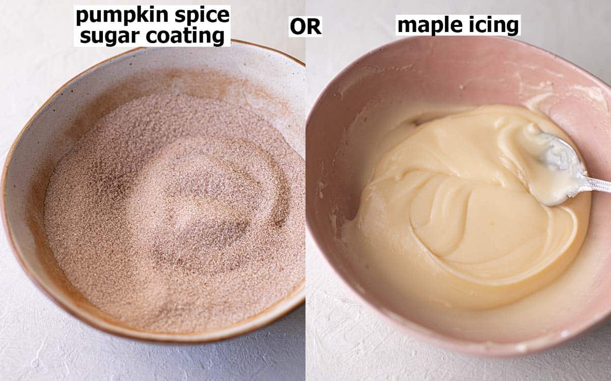 Two image collage showing pumpkin spice sugar coating and thick maple icing in bowls.