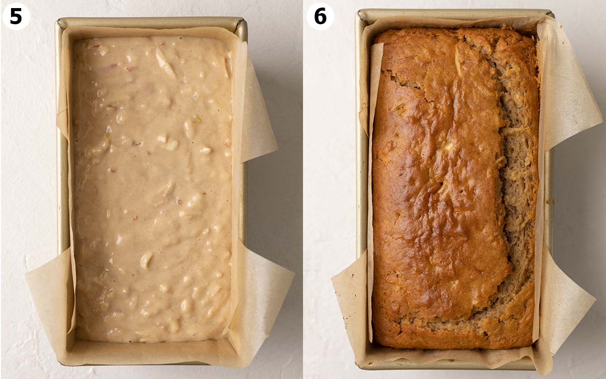 Two image collage before and after apple bread has been baked.