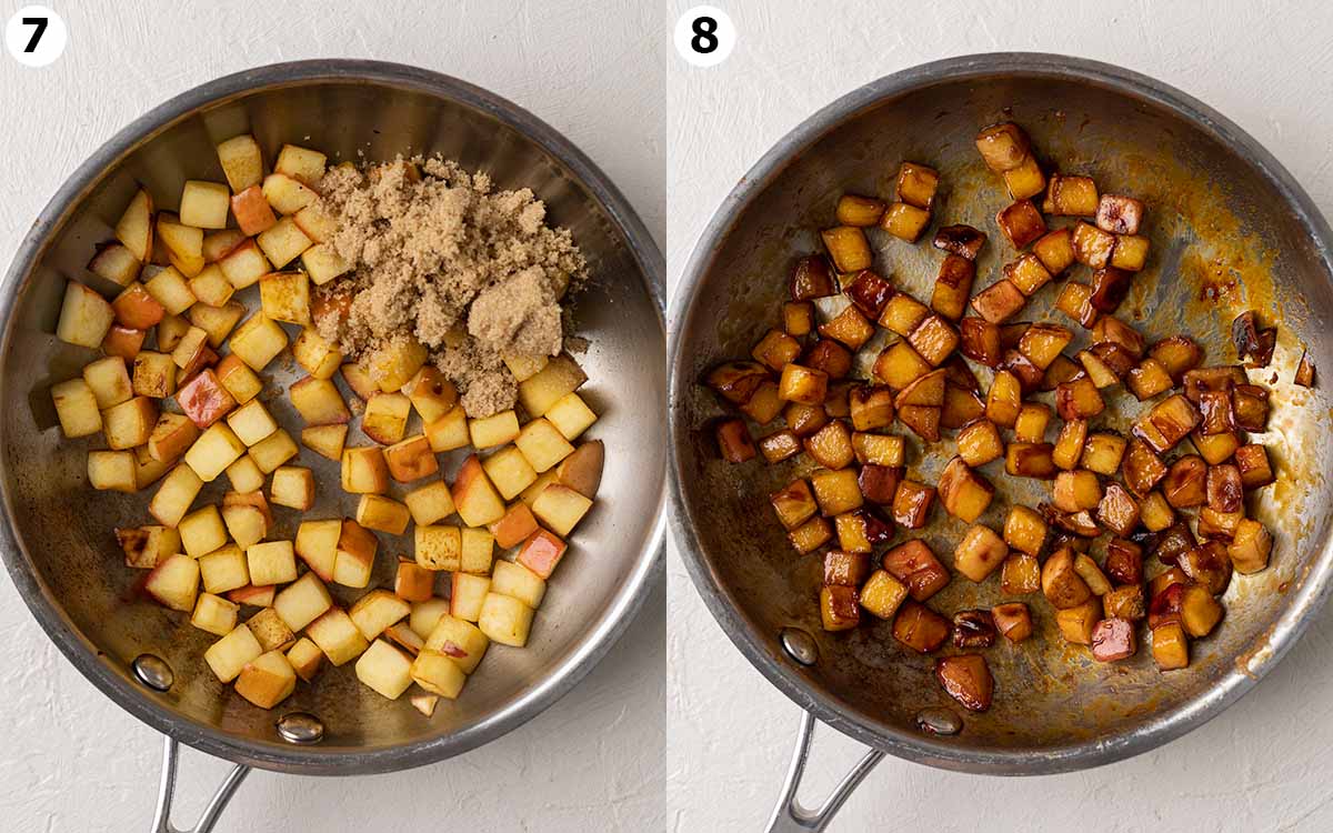 Two image collage showing caramelized apples in saucepan.