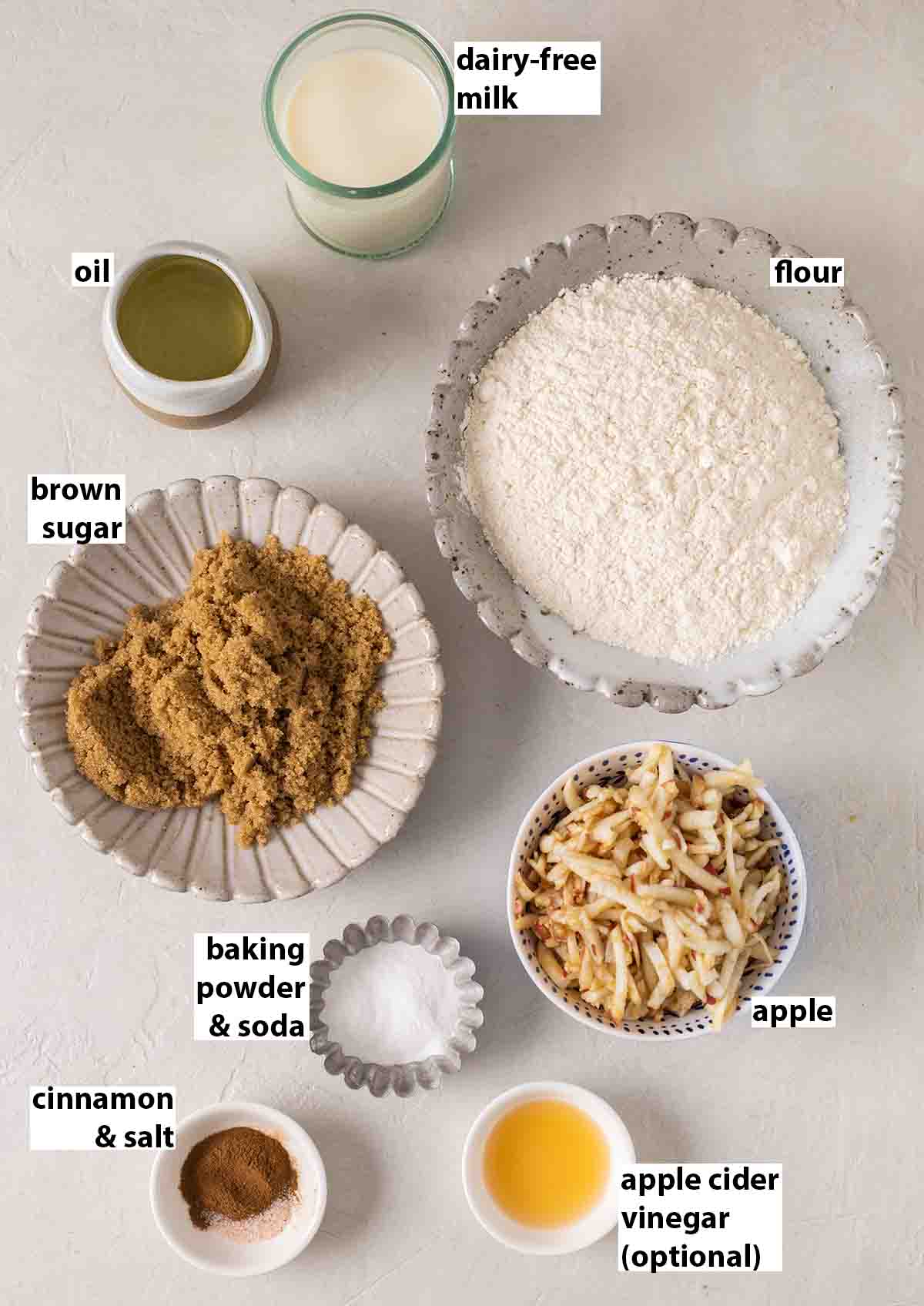 Flatlay of ingredients for the vegan apple bread.