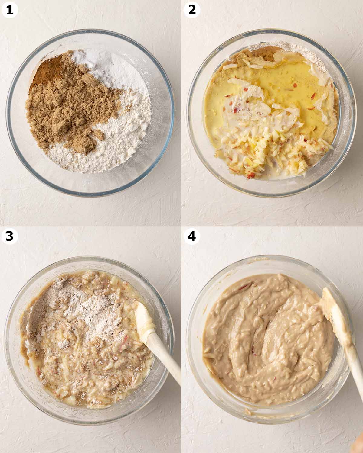 Four image collage showing how to prepare the apple bread batter in one bowl.
