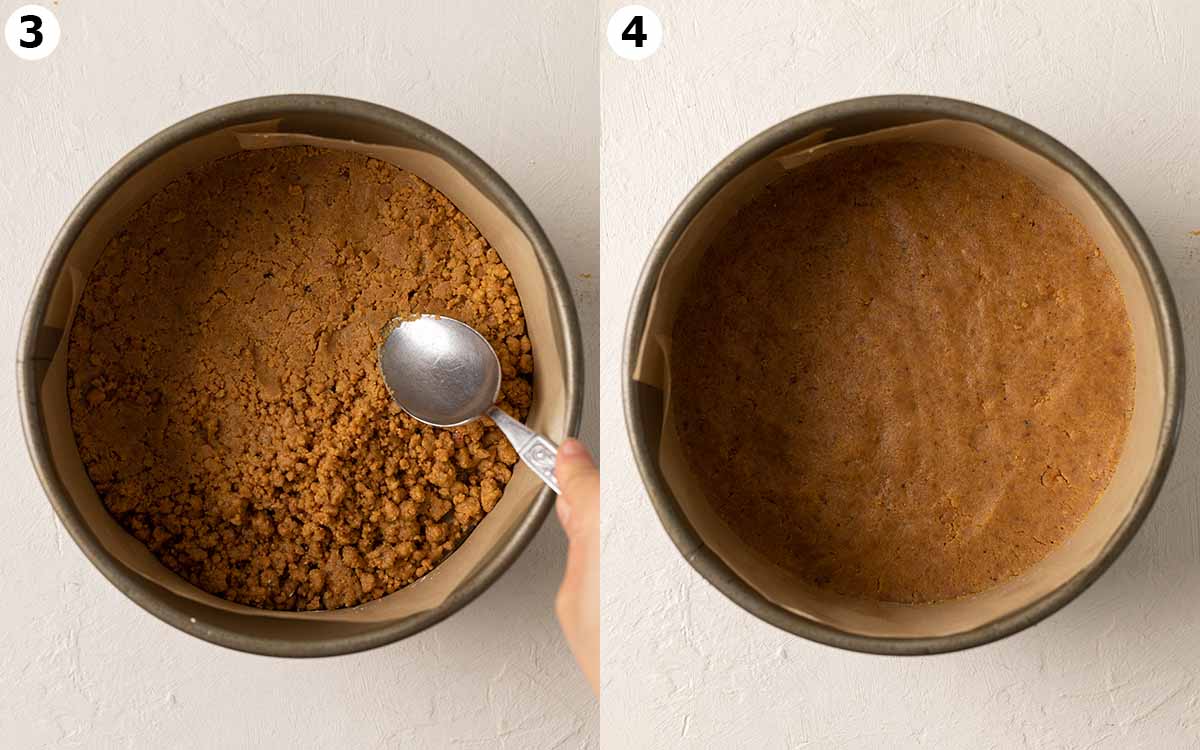 Two image collage showing how to press ginger cookie crust in cake pan.