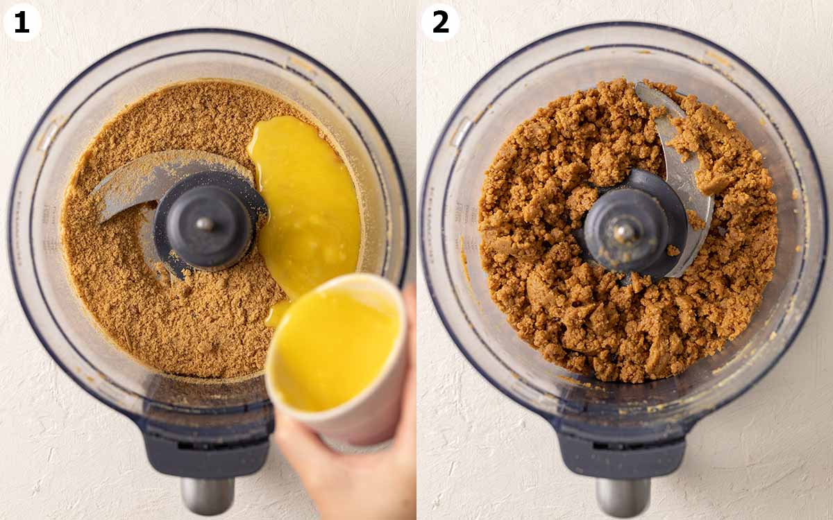 Two image collage of preparing ginger cookie crust in food processor.