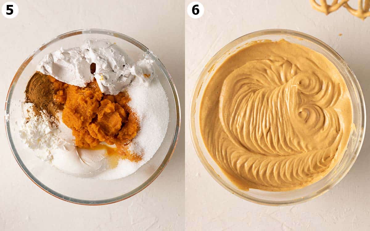Two image collage of cheesecake filling ingredients and final mixed filling in large mixing bowl.
