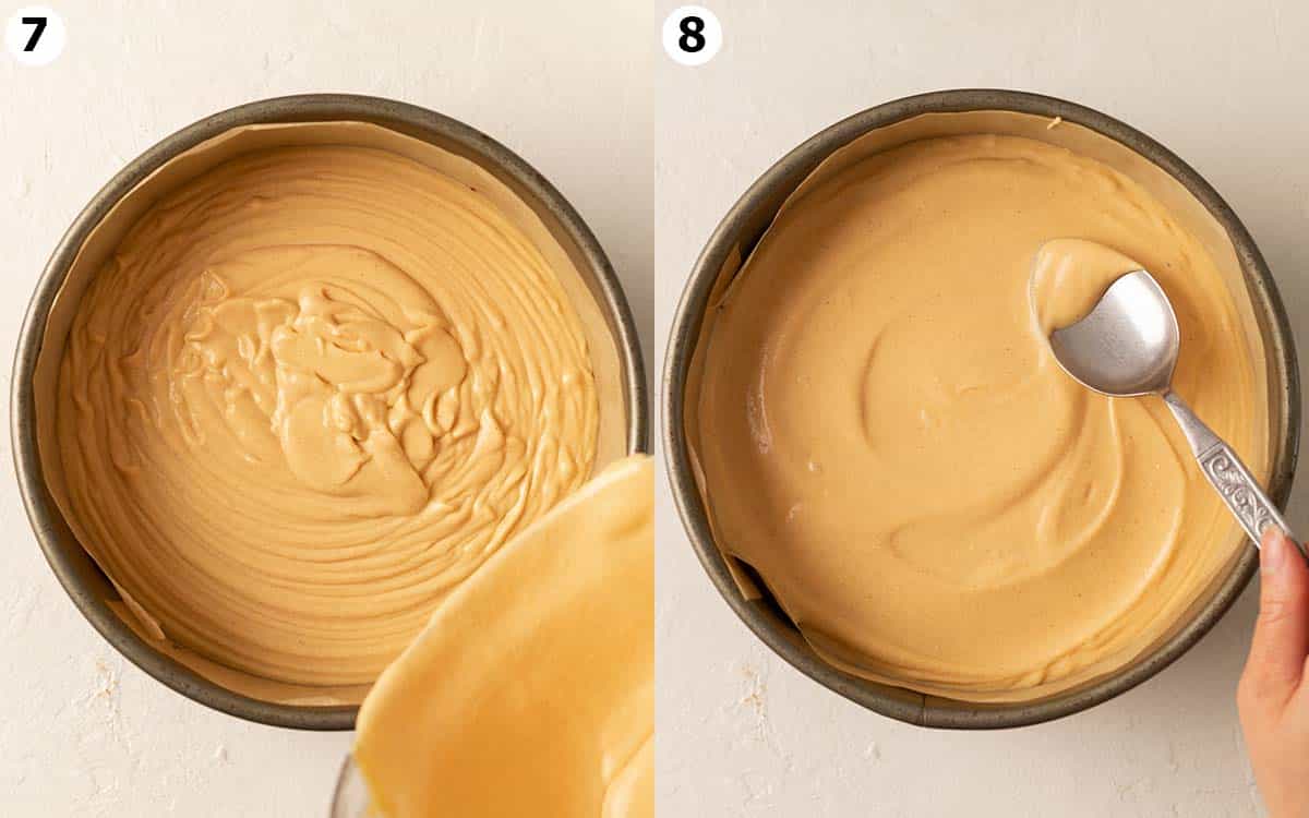 Two image collage of cheesecake filling poured into cake pan and smoothing the surface.