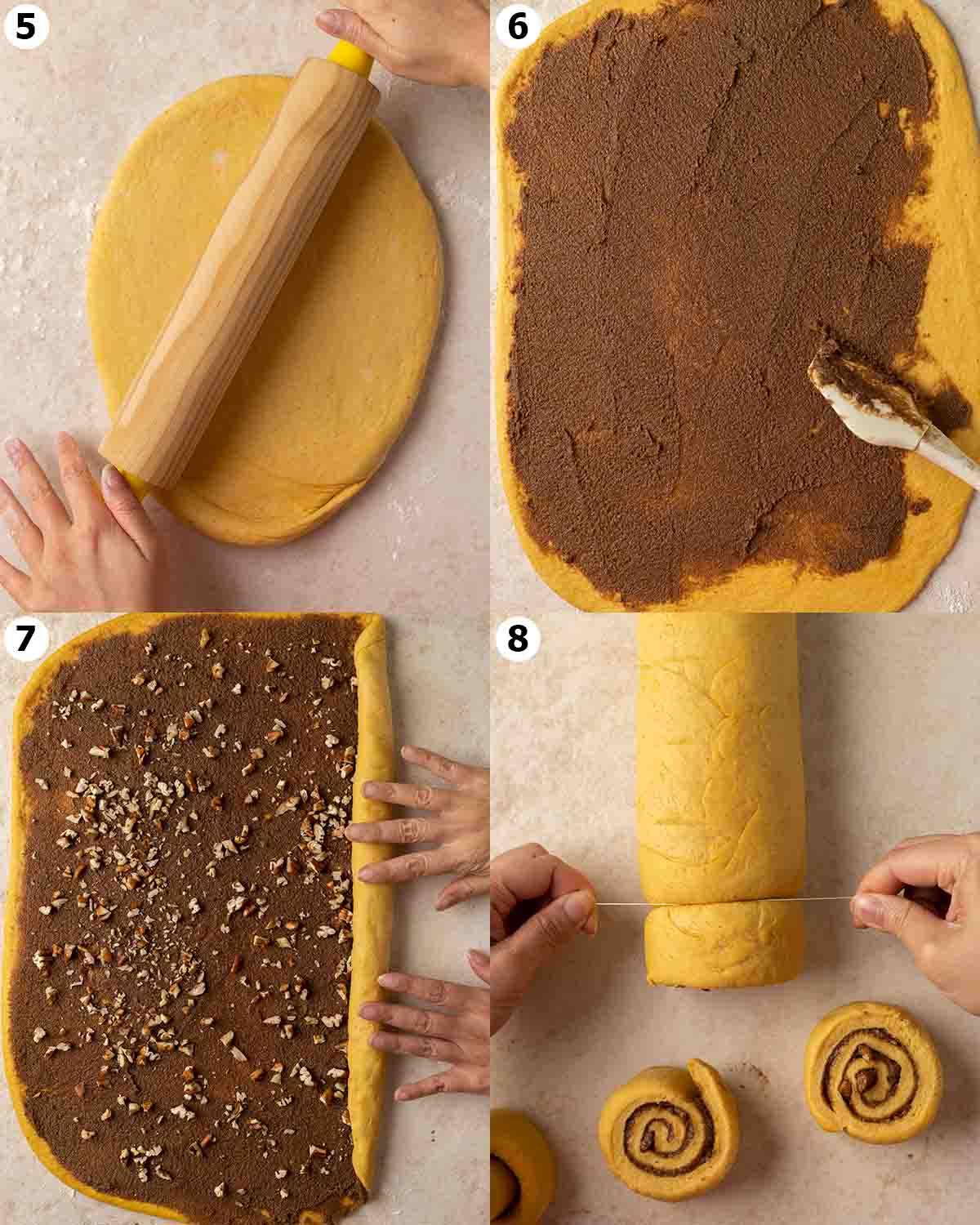 Four image collage showing how to assemble the pumpkin cinnamon rolls.