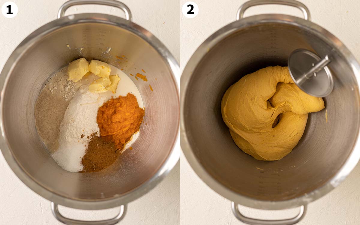 Two image collage showing before and after dough is kneaded in bowl of stand mixer.