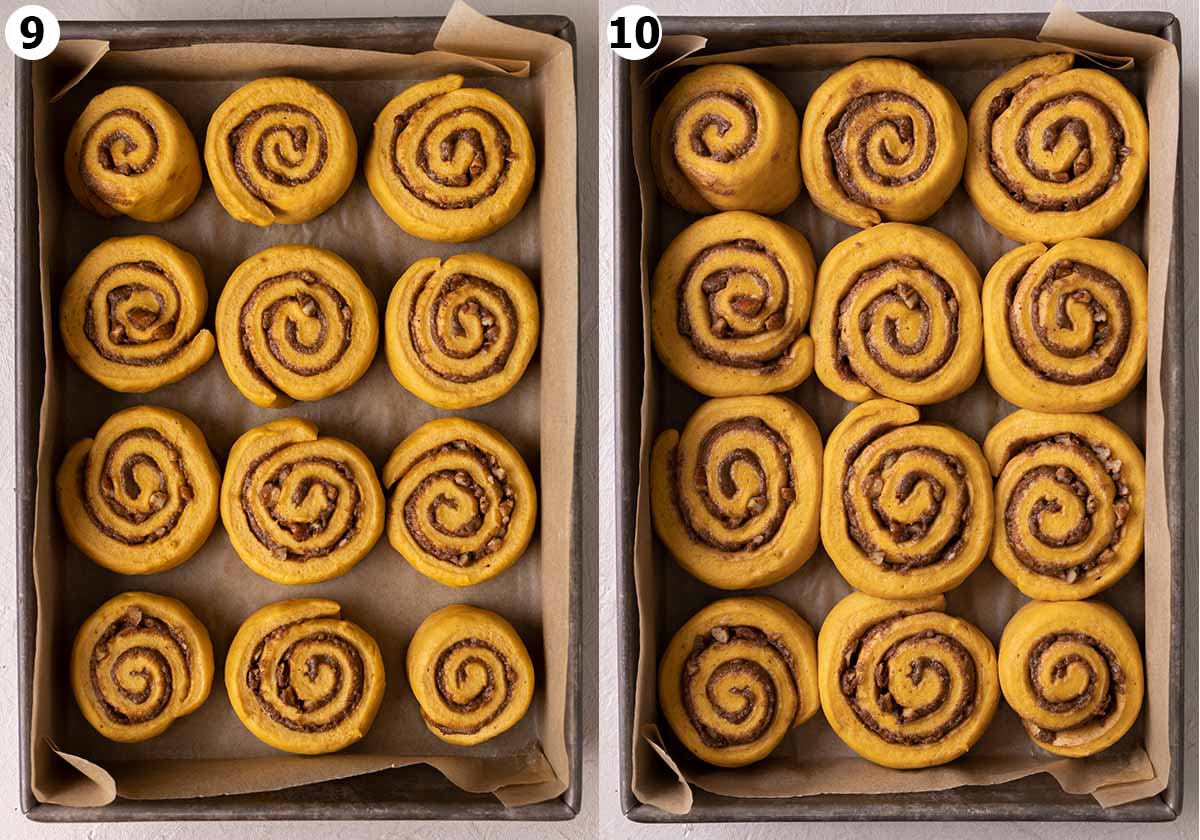 Two image collage of second rise of cinnamon rolls.