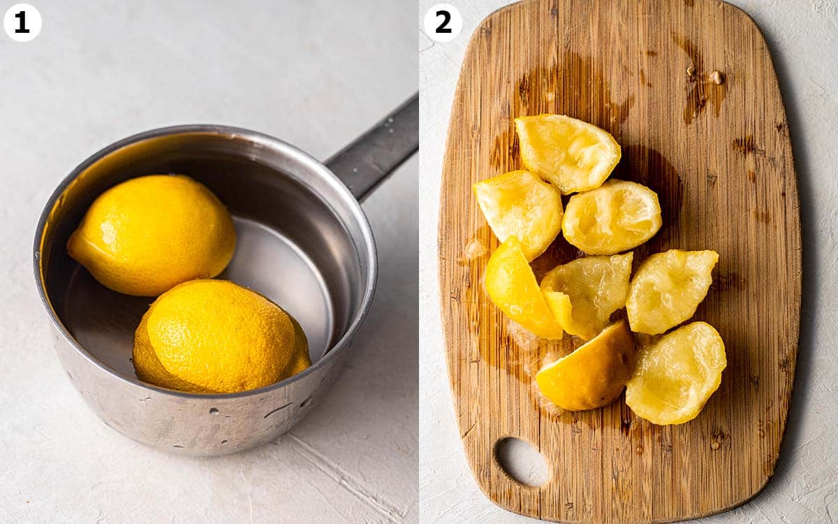Two image collage of lemons in filled saucepan and cut on chopping board.
