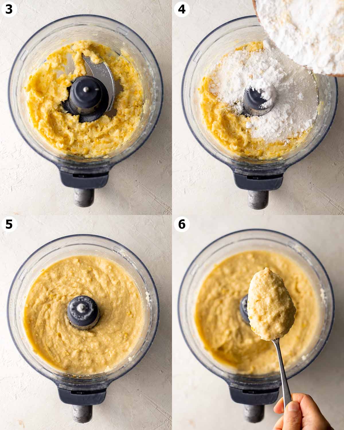 Four image easy process showing how to make vegan lemon cake in food processor.