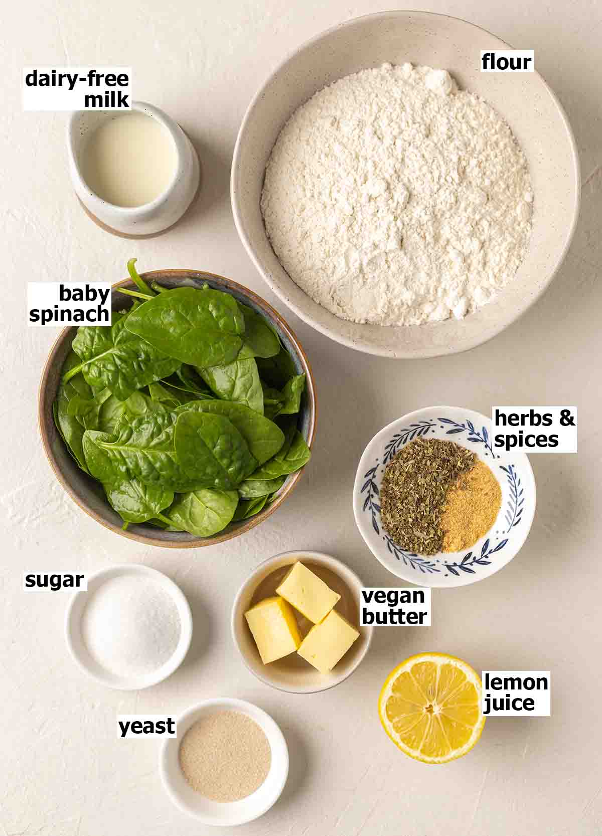 Flatlay of ingredients for pull-apart bread