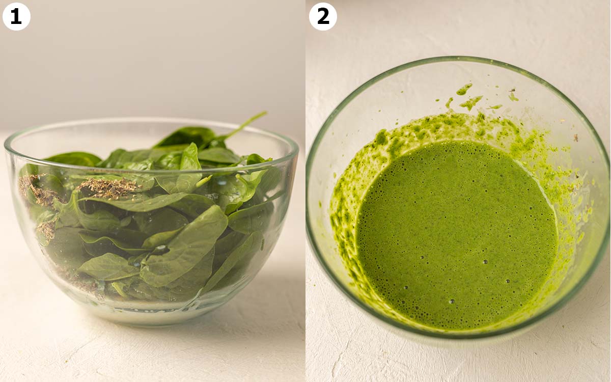 Two image collage showing how to prepare the spinach mixture for the bread dough.