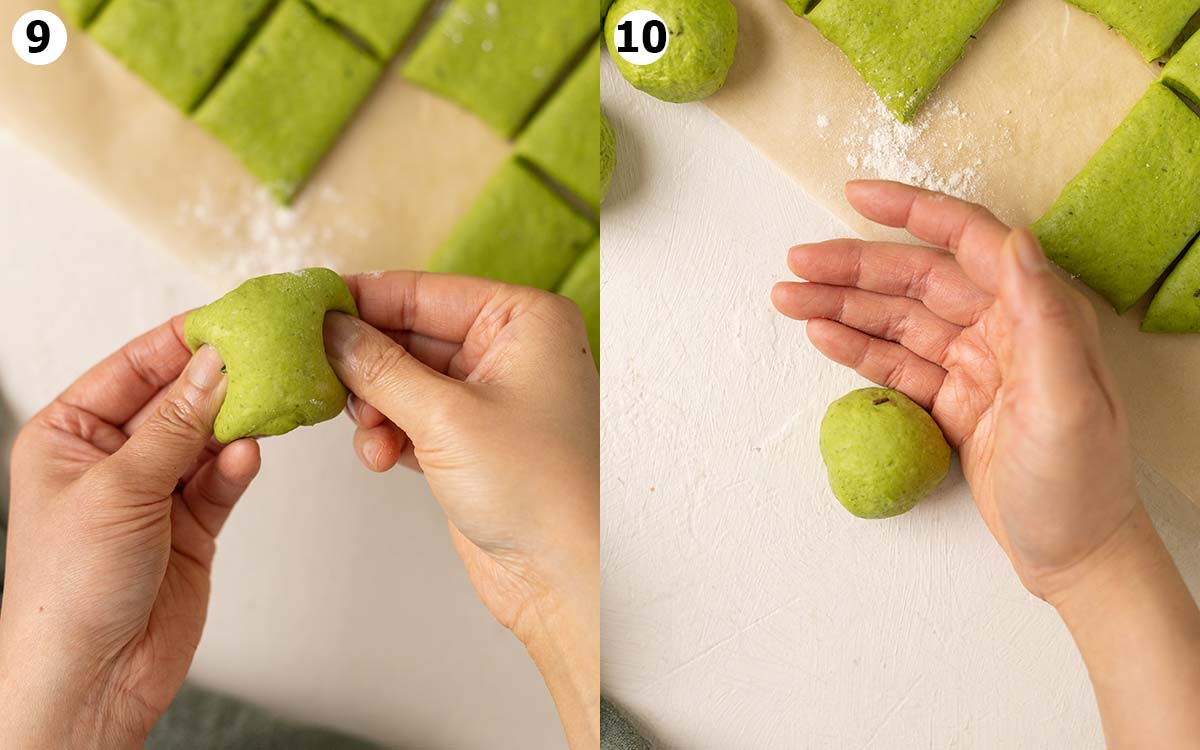 Two image collage showing how to shape each bread bun.