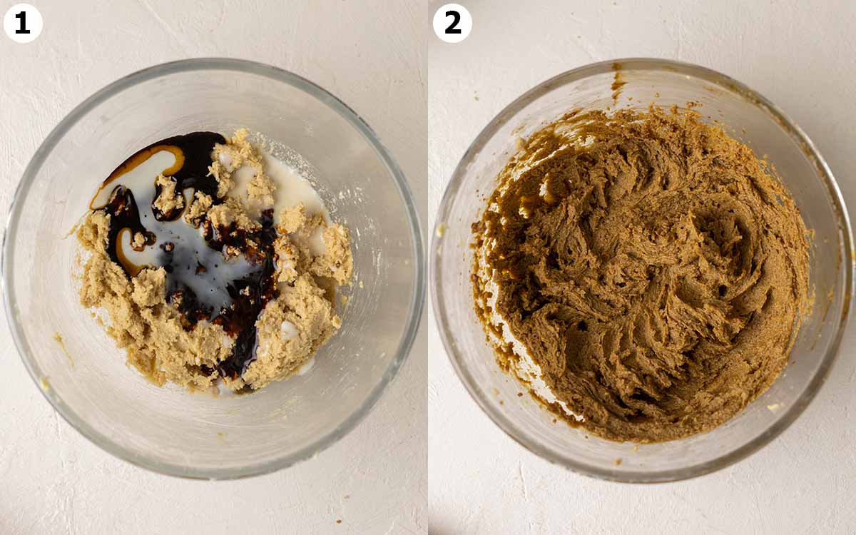 Two image collage showing how to mix the wet ingredients for the cookie dough in a bowl.