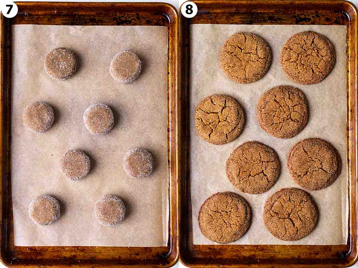 Two image collage before and after cookies are baked on baking tray.