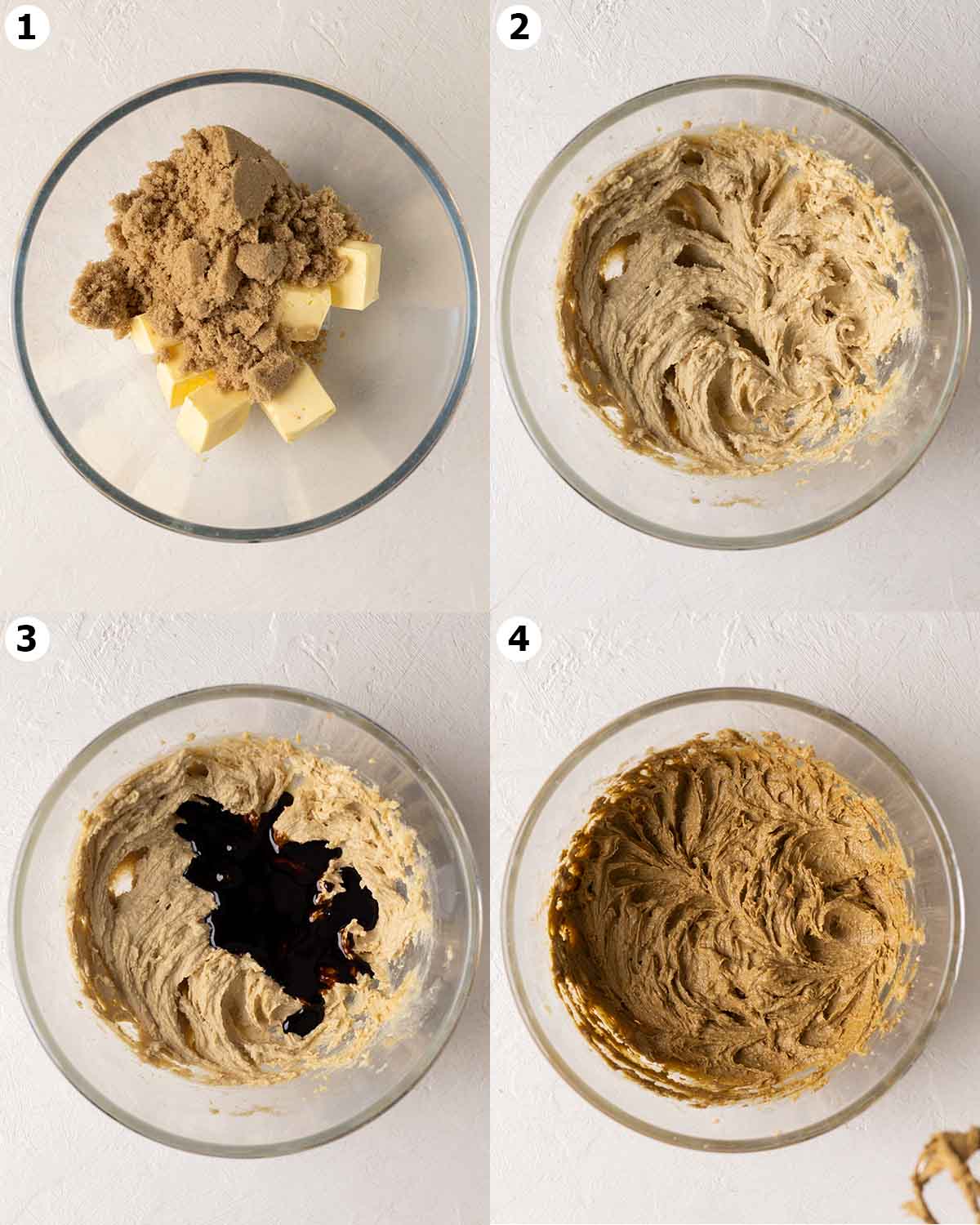 Four image collage showing how to mix the brown sugar, vegan butter and molasses in a mixing bowl.