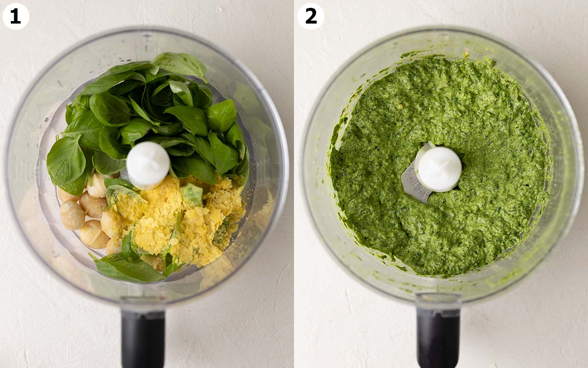 Two image collage showing how to make the vegan macadamia pesto in a food processor.