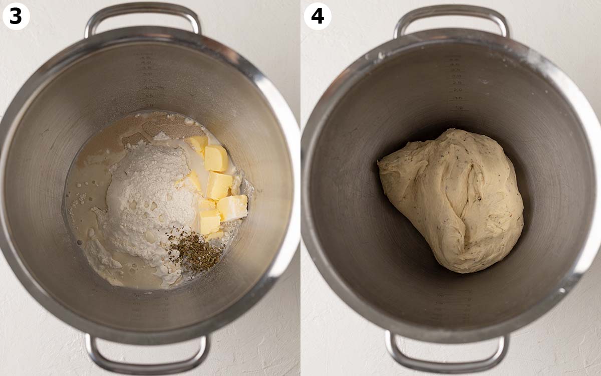 Two image collage showing how to make the dough in the bowl of a stand mixer.