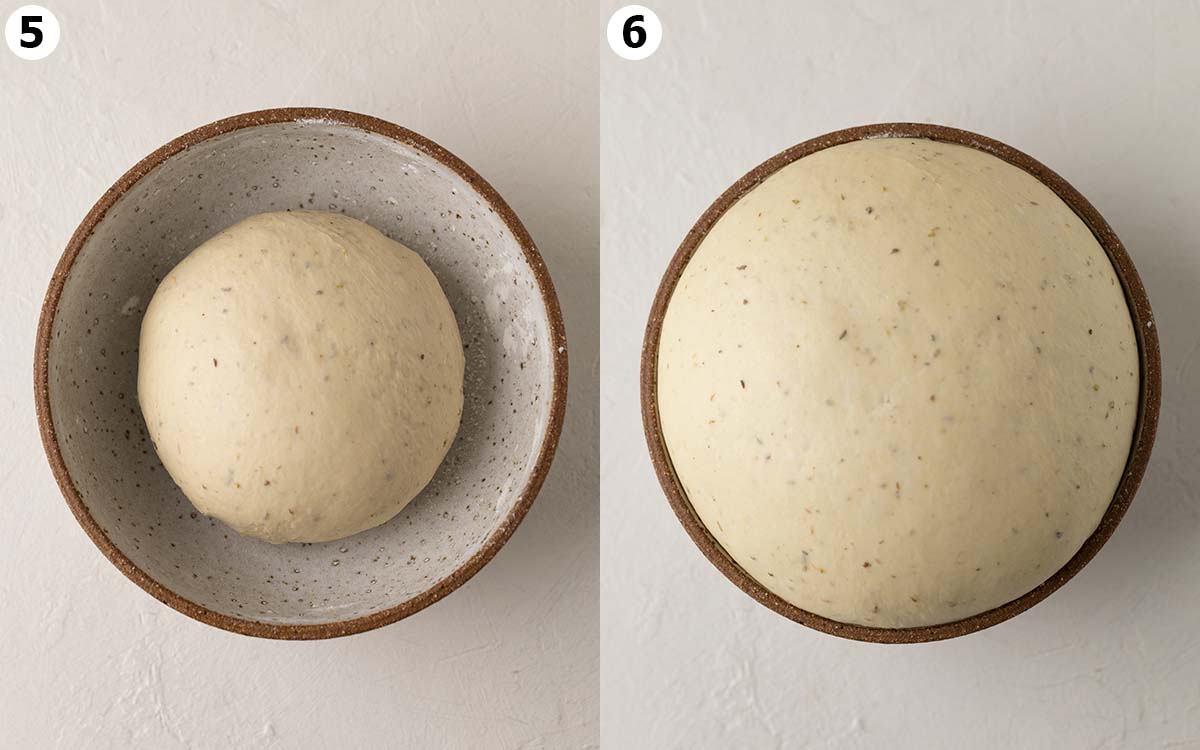 Two image collage showing before and after first rise of dough.