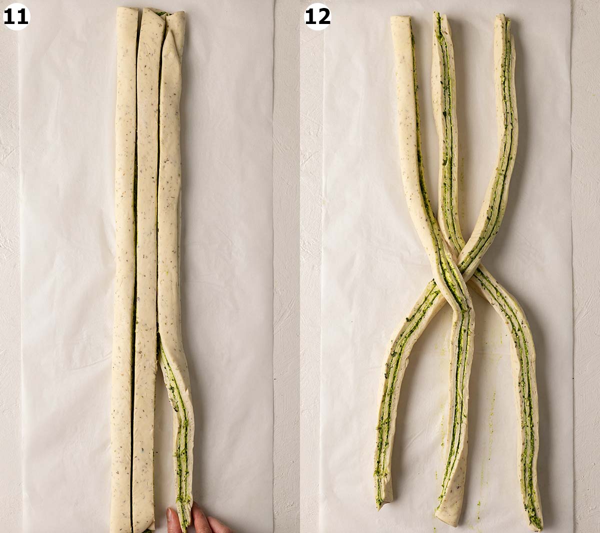 Two image collage showing the dough cut into three strips and how to start the braid.