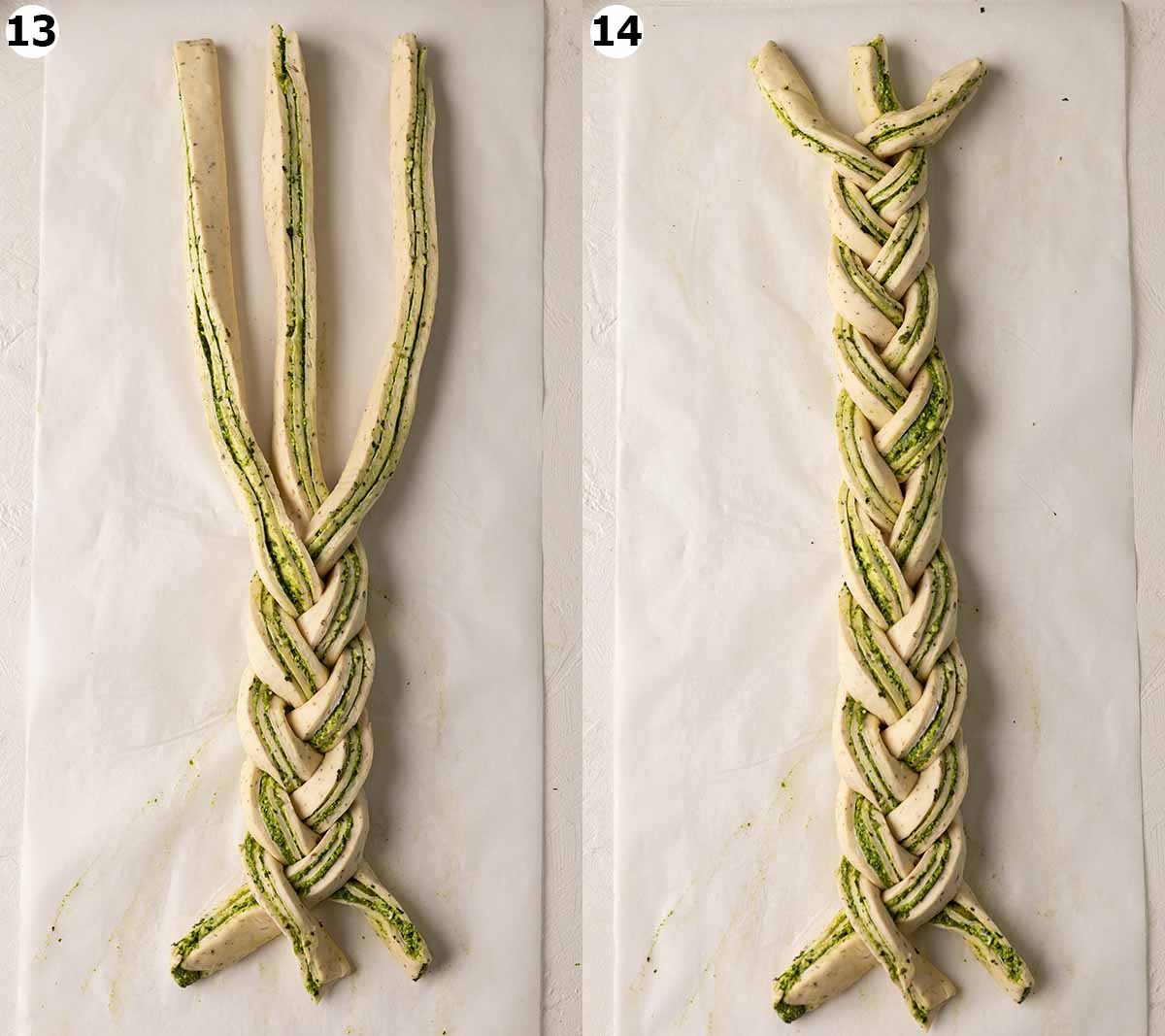 Two image collage showing half and the full dough braided.