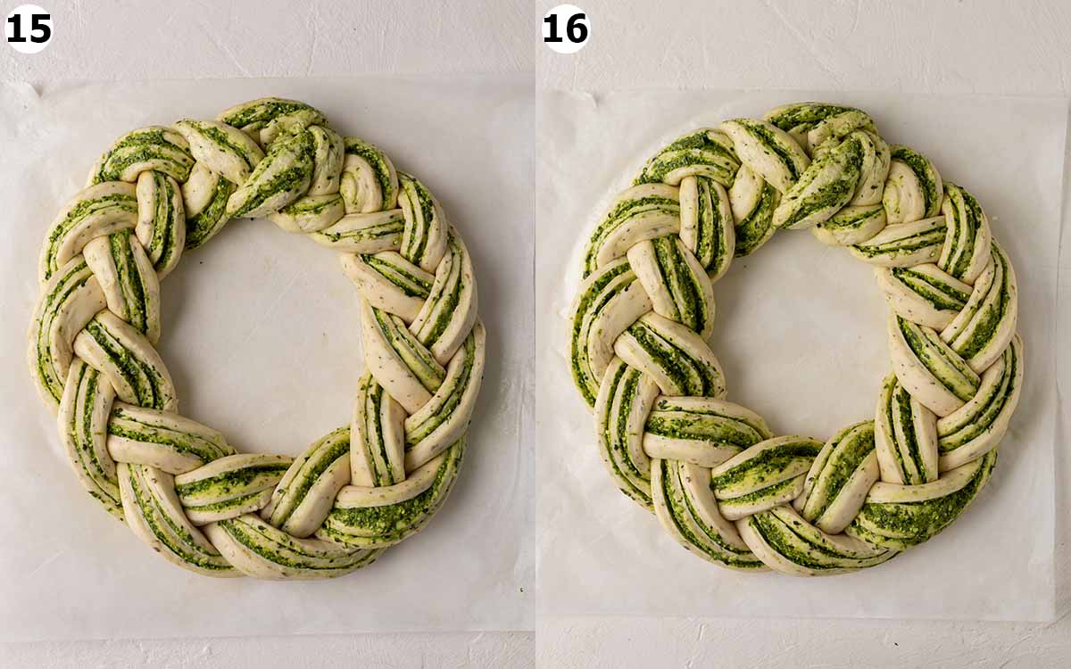Two image collage of second rise of wreath bread.